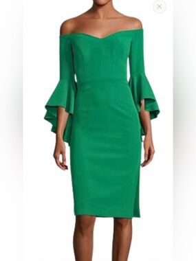 MILLY Selena in Rare Kelly Green Off Shoulder Ruffle Flounce Sleeve Slit Dress